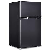 GOPLUS 85L Kühlschrank mit Gefrierfach, Standkühlschrank mit 2 Türen & Verstellbaren Füßen & LED-Leuchten, Kühl-Gefrier-Kombination mit 7 einstellbaren Temperaturen, Für Zuhause und Büro
