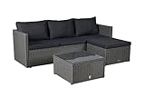 LC Garden Loungino Polyrattan Lounge grau-Mix für 3-4 Personen, Balkonmöbel Sitzgruppe mit Tisch + Hocker, Gartenlounge, Ecksofa für Balkon + Terrasse