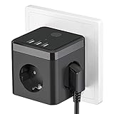 Steckdosenleiste Würfel mit USB, 6 in 1 Steckdosen (2400W/10A) mit Schalter, 3 Fach Steckdose, Mehrfachstecker mit 3 USB (5V/3.1A) für Büro, Zuhause, Schwarz