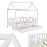 Juskys Kinderbett Marli 90 x 200 cm mit Bettkasten 2-teilig, Rausfallschutz, Lattenrost & Dach - Massivholz Hausbett für Kinder - Bett in Weiß