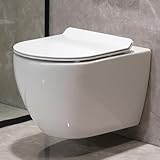 Hänge WC Toilette Komplettset aus Keramik - Wand WC mit WC Sitz mit Absenkautomatik - Toiletten mit Nano Beschichtung - WC Schüssel mit Geruchsfreier Wissenschaftlicher Wassersperre