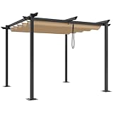 Metallpergola mit ausziehbarem Dach, Outdoor-Pergola enthält wasserabweisende und mit SPF 15 beschichtete PU-Beschichtung, Sonnenschutz für Grillveranstaltungen, Gartenpartys, in Khaki-Farbe 3x 3meter