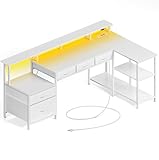 Rolanstar Schreibtisch L Form mit Schubladen, reversibler Gaming Tisch mit Steckdose, LED & Monitorständer 163 cm Computertisch für Büro Arbeitszimmer Schlafzimmer, weiß