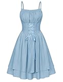SCARLET DARKNESS Damen Sommer Rockabilly Kleid Elegant Hohe Taille Lace-Up Einfarbig Rokoko Kleid Hellblau M