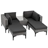 tectake® Outdoor Rattan Lounge, 5-teiliges Gartenmöbel Sofa Set, frei kombinierbar, mit Ecksessel, Hocker, Tisch, Gartenlounge, inkl Sitz- und Rückenkissen - grau