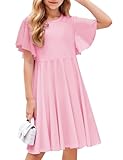 Arshiner Kleider für Mädchen Schmetterlingsärmel Sommerkleid Baumwolle Kinderkleid Einfarbig Skaterkleid Kinder Festliches Kleid Rosa 150-12Jahre