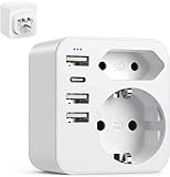 6-in-1 USA Adapter Steckdose, Adapter USA Deutschland Stecker mit 3USB 1USB C (3.4A), Reiseadapter USA Steckdosenadapter Reisestecker Stromadapter für Amerika Kanada Thailand Mexiko (White)