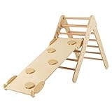 COSTWAY Kletterdreieck mit Rutsche, Klettergerüst Indoor ab 1 Jahr, Sprossendreieck Kletterrampe aus Holz, zum Klettern & Rutschen (Natur)