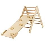 COSTWAY Kletterdreieck mit Rutsche, Klettergerüst Indoor ab 1 Jahr, Sprossendreieck Kletterrampe aus Holz, zum Klettern & Rutschen (Natur)