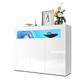 SONNI Kommode Weiß Hochglanz mit LED Beleuchtung Sideboard Weiss mit 3 Türen 120 cm breit