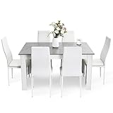 Mondeer Esstisch mit 6 Stühlen Set, Essgruppe mit Hochlehner Kunstleder Stuhl für Küche Esszimmer Wohnzimmer, W138 x D90 x H75 cm, Weiß und Grau