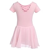 DGSHIRLDJO Kinder Ballettkleidung Mädchen Kurzarm Baumwolle Ballettkleid Balletttrikot Tanzkleid Tanzbody mit Chiffon Rock Tütü (DE/NL/SE/PL, Numerisch, 130, Regular, rosa)