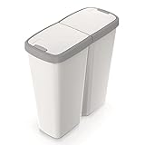 HRB DUO Bin Mülleimer 2 Fächer, idealer Mülleimer Küche mit 2x 25L Mülleimer Trennsystem praktischer Abfalleimer zur Mülltrennung (Weiß-Grau)