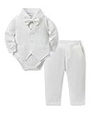 Baby Junge Anzug Taufe, Neugeborenen Taufanzug Hochzeitsoutfit Partei Babykleidung Strampler + Bowtie + Vest + Pants Set Weiß 0-3 Monate