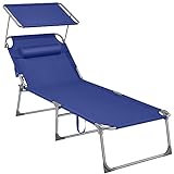 SONGMICS Große Sonnenliege, klappbarer Liegestuhl, 71 x 200 x 38 cm, Belastbarkeit 150 kg, mit Sonnenschutz, Kopfstütze und Verstellbarer Rückenlehne, für Garten Pool Terrasse, dunkelblau GCB22BUV2