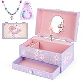 hombrima Musik Schmuck Box mit Schublade Halskette Armband, Musikalischer Schmuck Aufbewahrungskoffer mit Spinning Ballerina Geschenk Set für Kinder Mädchen Kinder Tochter