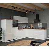 Lomadox Küche Küchenzeile Winkelküche 300/240cm, inkl. E-Geräte, in Hochglanz weiß, Arbeitsplatte Eiche