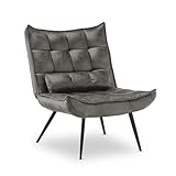 MCombo Sessel mit Hocker, moderner Relaxsessel mit Taillenkissen für Wohnzimmer, Retro Vintage Lesesessel Loungesessel Stuhl Polstersessel 4779 (Dunkelgrau, ohne Hocker)