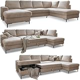 Cord Sofa U Form mit Schlaffunktion - Ecksofa mit Schlaffunktion und Bettkasten, Wohnlandschaft U Form, XXL Couch U Form, Big Sofa XXL, Eckcouch mit Schlaffunktion und Bettkasten, Ecksofa Beige Rechts