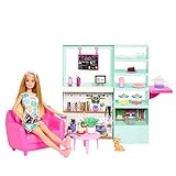 Barbie Kuschliges Café Spielset - Puppe, Möbel und 21 Zubehörteile inklusive Teekanne mit Farbwechseleffekt, Desserts und Kätzchen, für Kinder ab 3 Jahren, HKT94