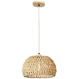 Vintage Boho Rattan Lampe Hängelampe Schlafzimmer - E27 Deckenlampe Deckenleuchte Rattan Korb Lampenschirm - Hängend Lampe Korblampe Pendelleuchte Esstischlampe Wohnzimmerlampe Keller Esszimmer Flur