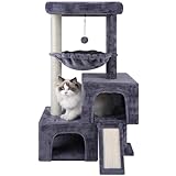 TWDEPART Katzenbaumturm für Indoor-Katzen, Aktivitätszentrum, Katzenturm mit zwei Katzenhütten, Hängematte und Kratzbäumen, Grau