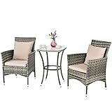 GOPLUS 3 teilig Gartenmöbel Set, Balkonmöbel aus Polyrattan, Rattanmöbel inkl. 1 Tisch & 2 Stühlen mit Kissen, Gartengarnitur Sitzgruppe Rattan wetterfest für Garten Balkon, Grau