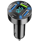 4-Port USB C Auto Ladegerät Zigarettenanzünder Adapter, 50W QC3.0,PD Schnellladegerät mit LED Voltmeter 12V USB Buchse kompatibel mit iPhone, Android, Samsung, Tablet und allen Smartphones