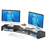 BONTEC Dual Monitor Stand Riser, Desktop Monitorständer mit Smartphone-Halter, Verstellbare Länge und Schwenkwinkel Holz Desktop Organizer, für PC Monitor Laptop Drucker