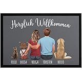 SpecialMe® Fußmatte Familie personalisiert mit Figuren und Namen 1,2,3,4 Kinder Hund Katze rutschfest & waschbar schwarz 60x40cm