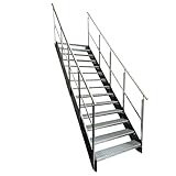 Kaminbau Mierzwa Premium Stahl Treppe mit beidseitigem Geländer verzinkt/Wangen Anthrazit RAL 7016/14 Stufen verzinkt (Breite 800 mm) (Höhe 266 cm) Wetterfest Gitterroststufe Gartentreppe