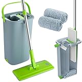 EasyGleam Mop und Eimer Set - Flachbodenmopp mit Teleskopstange, Innovativer Mop Zweikammer Eimer für Nass- und Trockenanwendung, 2 Mikrofaserpads, Geeignet für Alle Bodenarten, Reinigung und Pflege