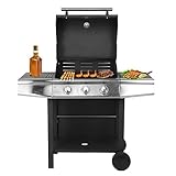 GOTOTOP Gasgrill aus Gusseisen mit 3 Brennern, 10,8 kW, 2 Seitentische und Wagen aus Edelstahl, 120 x 47 x 112 cm