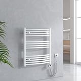 EMKE Badheizkörper Elektrisch mit Thermostat 750x600 mm Weiß, Gebogen Handtuchwärmer für Strom, Handtuchtrockner mit Heizstab 300W