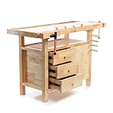 Wiltec Hobelbank 126 x 50 x 84 cm aus Holz, Werkbank bis 150 kg, Werktisch mit Spannzangen, Schubladen und Gerätefach, Arbeitstisch aus Rubberwood