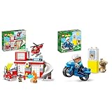 LEGO 10970 DUPLO Feuerwehrwache mit Hubschrauber, Feuerwehr-Spielzeug & DUPLO Polizeimotorrad, Polizei-Spielzeug für Kleinkinder ab 2 Jahre