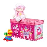 Relaxdays Sitzbox Kinder, Faltbare Aufbewahrungsbox mit Stauraum, Deckel, Prinzessin & Fee, 50 Liter, platzsparend, pink