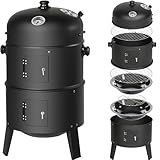 tectake® 3in1 Holzkohlegrill Smoker Räucherofen, Smoker Grill mit Thermometer und regulierbarem Luftabzug am Deckel, Wasserschale zum Dampfgaren, Holzkohle Grill mit Kohleschale und Ascherost, schwarz