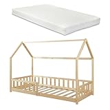 [en.casa] Kinderbett Hesel Hausbett mit Matratze 90 x 200 cm Holzoptik mit Rausfallschutz und Lattenrost Bodenbett Jugendbett Holzbett