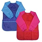 2 Stück Malschürze Kinder 5-10 Jahre, Kinderschürze mit langen Ärmeln, Malkittel Kinder Bastelschürze für Mädchen/Junge, Paint Apron Kids zum Malen Basteln Kochen Backen, Blau & Rot (Mittel)