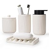 Badezimmer Set Beige UMLACA Bad Zubehör Keramik 4-Teiliges Enthält 350ml Seifenspender,Zahnputzbecher,Seifenschale,Wattestäbchen Behälter,Edle Badezimmer Deko