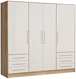 FORTE Jupiter Schrank 200 210, Kleiderschrank, Drehtürenschrank, 4-türig, mit 6 Schubladen und Einlegeböden, Weiß mit Holz Dekor: Sonoma Eiche, 206.5 cm breit x 60 cm tief x 200 cm hoch