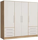 FORTE Jupiter Schrank 200 210, Kleiderschrank, Drehtürenschrank, 4-türig, mit 6 Schubladen und Einlegeböden, Weiß mit Holz Dekor: Sonoma Eiche, 206.5 cm breit x 60 cm tief x 200 cm hoch