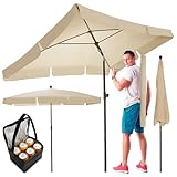 TOM höhenverstellbarer rechteckiger Sonnenschirm mit Schutzhülle für Balkon, Garten & Terrasse – kleiner 125 x 200 cm Gartenschirm in Anthrazit oder Beige – 45° knickbar – PLUS Geschenk (Beige)