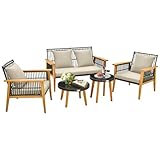 COSTWAY Gartenmöbel, 5-teilig, mit 2 Stühlen & 2 Couchtischen, Gartenmöbel aus Rattan, Rahmen aus Akazienholz, Sitz- und Rückenkissen, für Veranda, Balkon