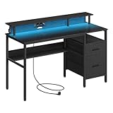 VASAGLE Schreibtisch mit Stoff-Schubladen, Computertisch mit Monitorständer, LED-Beleuchtung, 55 x 135 x 90 cm, eingebaute Steckdosen, 2 USB-Anschlüsse, für Homeoffice, ebenholzschwarz LWD094B56