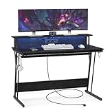 VASAGLE Schreibtisch, Gaming Tisch mit eingebauter Steckdosenleiste, Computertisch, mit Monitorständer für 2 Monitore, Schlafzimmer, 60 x 120 x 76 cm, ebenholzschwarz LWD192B56