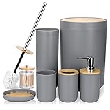 JOTOM 7 Stück Bambus Badezimmer Zubehör Badezimmer Zubehör Set Luxus Modern Bad Set Zahnbürstenhalter Becher Qtip Halter Toilettenbürste Set Seifenschale Mülleimer Seifenspender (Grau)