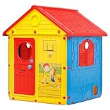 Baroni Toys Kinder-Gartenhaus, Kunststoff-Gartenhaus mit Türen und Fenstern zum Öffnen, niedliche Details, geeignet für Kinder ab 2 Jahren, 122x104x110 cm, gelb, rot und blau