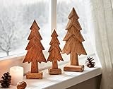 Dekoleidenschaft 3er Set Tannen aus Mango-Holz, 20 cm 25 cm 30 cm hoch, Tannenbaum, Dekofigur, Holzdeko, Weihnachtsdekoration, Adventsdekoration